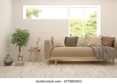 White living room with sofa and summer landscape in window. Scandinavian interior design. 3D illustration - Shutterstock ID 1973803052