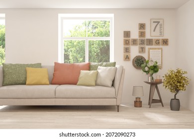 White living room with sofa and summer landscape in window. Scandinavian interior design. 3D illustration - Shutterstock ID 2072090273