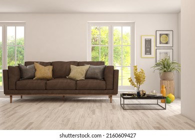 White living room with sofa and summer landscape in window. Scandinavian interior design. 3D illustration - Shutterstock ID 2160609427