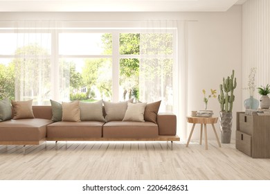 White living room with sofa and summer landscape in window. Scandinavian interior design. 3D illustration - Shutterstock ID 2206428631