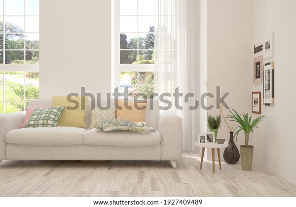 White living room with\
sofa and summer landscape in window. Scandinavian interior design.\
3D illustration