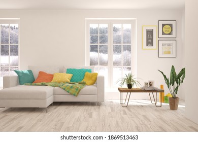 White living room with sofa and winter landscape in window. Scandinavian interior design. 3D illustration - Shutterstock ID 1869513463