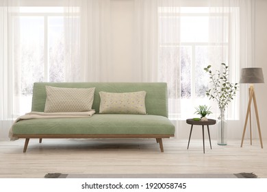 White living room with sofa and winter landscape in window. Scandinavian interior design. 3D illustration - Shutterstock ID 1920058745