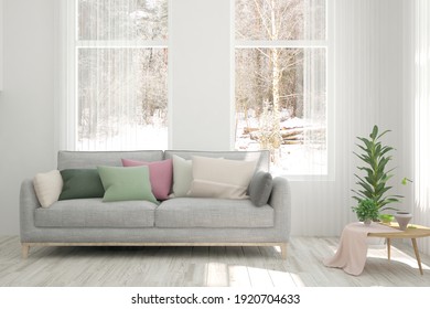 Weißes Wohnzimmer mit Sofa und Winterlandschaft im Fenster. Skandinavisches Innendesign. 3D-Illustration