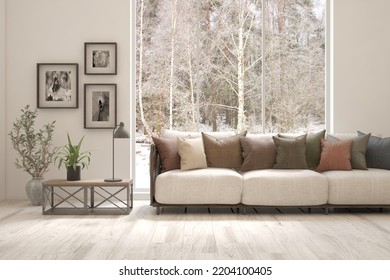 White Living Room With Sofa And Winter Landscape In Window. Scandinavian Interior Design. 3D Illustration