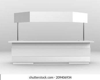 White Long Booth Or Kiosk With Banner From Front View. Render