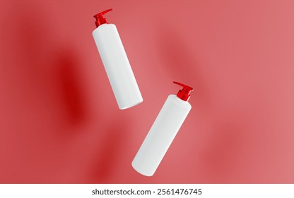 White lotion bottle with metalic red cap and red background