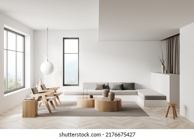 White Lounge Zone Interior With Sofa And Two Armchairs, Coffee Table And Stand With Decoration, Carpet On Hardwood Floor. Panoramic Window On Countryside. 3D Rendering