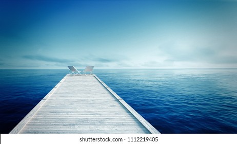 white lounger & Wooden pier on the tropical beach with blue sea and sky / 3D render perspective