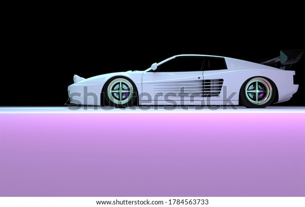 White Luxury Futuristic Sports Car in\
Neon Studio Lightning with Copy Space. 3D\
Render.