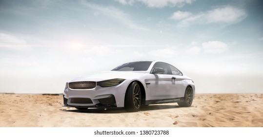 White Luxury Sports Car Desert Scene - Outdoor Studio (with Grunge Overlay), Front Headlight Detail - 3d Illustration