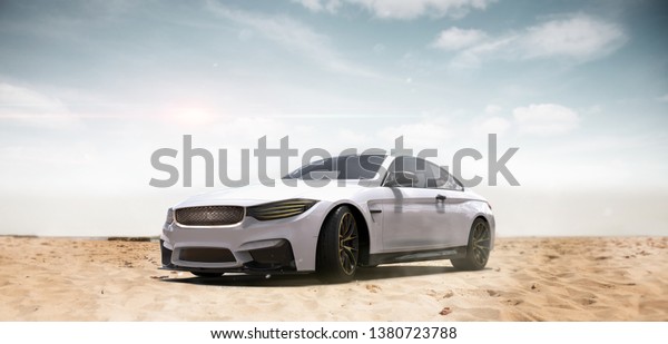 White\
luxury sports car desert scene - outdoor studio (with grunge\
overlay), front headlight detail - 3d\
illustration