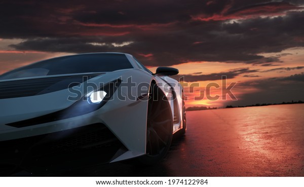 White luxury sports car sunset shoot (with\
grunge overlay), headlight detail (non-existent car design, full\
generic) - 3d\
illustration