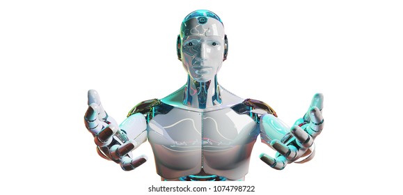 White male cyborg opening his two hands isolated on white background 3D rendering