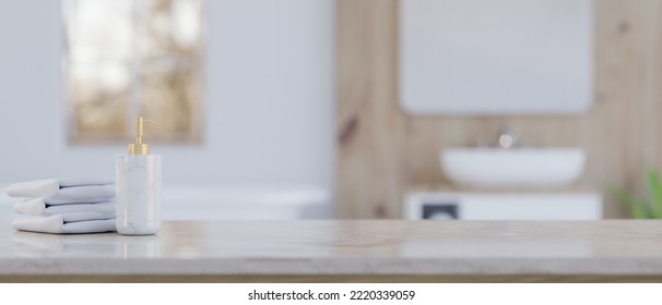 White Marble Bathroom Countertop With Copy Space For Product Display, Towels And Luxury Shampoo Bottle Over Blurred Bathroom In Background. 3d Render, 3d Illustration