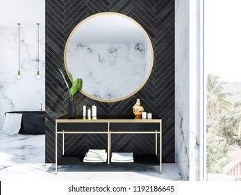 White marble and black wood bathroom interior with a black bathtub, a round mirror above a black vanity unit with creams and candles and, several ceiling lamps. Loft window 3d rendering
