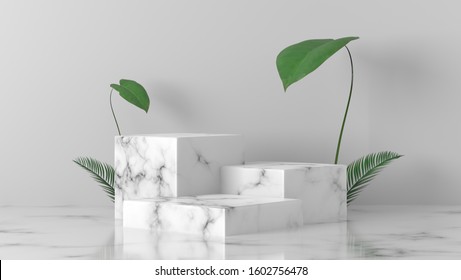 White Marble Cube, Square Box Podium With Palm Leaves In White Background. Concept Scene Stage Showcase For New Product, Promotion Sale, Banner, Presentation, Cosmetic. With Copy Space - 3D Rendering