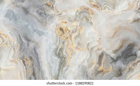 White marble pattern with curly grey and gold veins. Abstract texture and background. 2D illustration