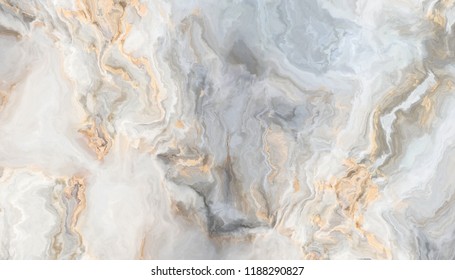 White marble pattern with curly grey and gold veins. Abstract texture and background. 2D illustration