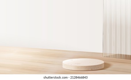 White Marble Product Display Podium On Wooden Countertop With Wave Textured Glass Wall In The Background. 3d Nordic Interior Scene Design.