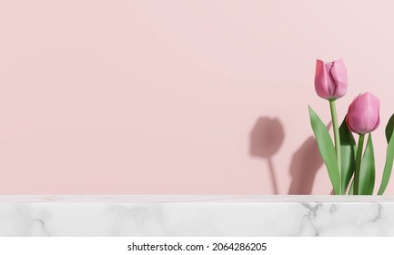 White marble product display with tulip on pink background. 3D rendering