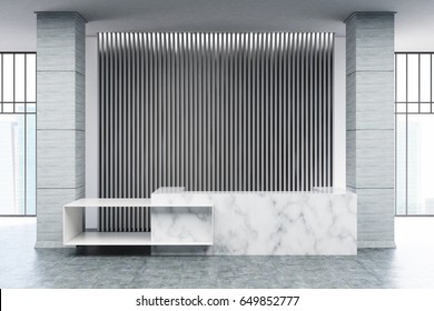 White marble reception counter of an original construction is standing near a wall with gray vertical blinds. 3d rendering