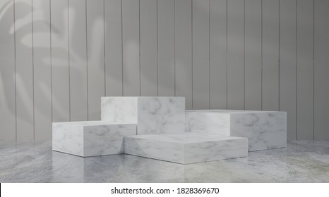 White marble Square shape podium luxurious style, concept scene stage showcase Platforms for product presentation, wood background. 3d rendering composition design