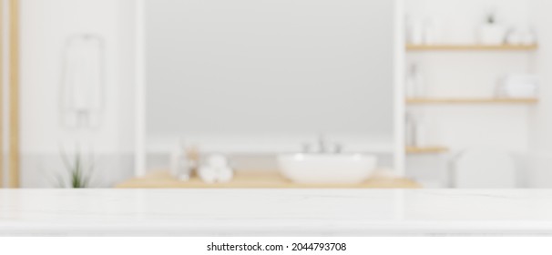 White Marble Tabletop With Mockup Space In Modern Scandinavian Bathroom Interior. 3d Rendering, 3d Illustration