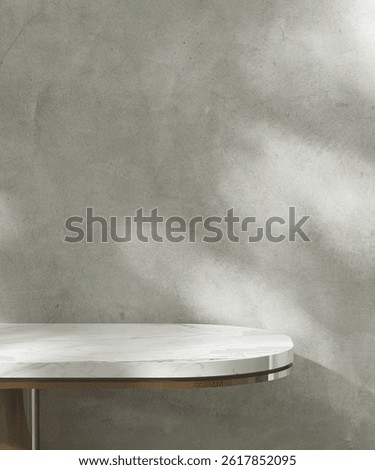 White marble tabletop table with round edge, chrome leg in dappled sunlight on polished cement concrete wall for modern, luxury fashion, beauty, cosmetic, skincare, body care, product background 3D