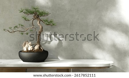 White marble tabletop table with round edge, bonsai in dappled sunlight on polished cement concrete wall for modern, luxury fashion, beauty, cosmetic, skincare, body care, product background 3D