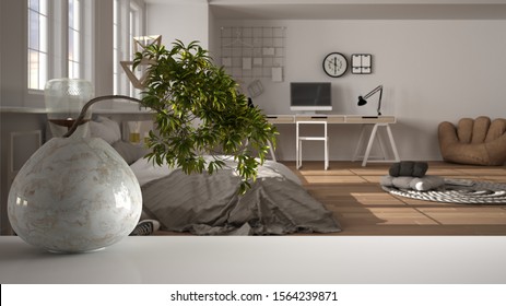 White mat table shelf with round marble vase and potted bonsai, green leaves, over minimalist bedroom with double bed, modern interior design, zen clean architecture concept idea, 3d illustration