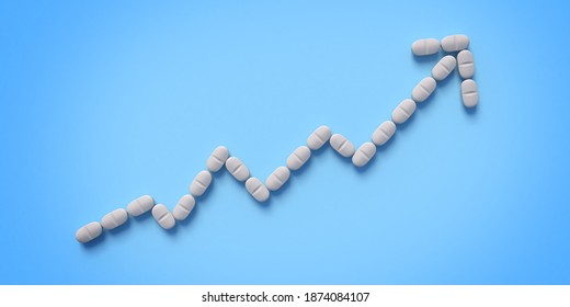 White medical pills in shape of upwards arrow isolated on blue background, 3d rendering. Conceptual illustration of financial success in pharmacy business, research and development.