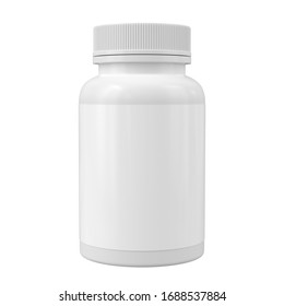 White Medicine Bottle Mockup. Blank Label Vitamin Template. Pills Jar Isolated On White. 3d Render