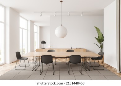 White Meeting Room Interior With Chairs And Table On Carpet, Hardwood Floor. Dresser With Art Decoration, Plant And Documents. Panoramic Window On Countryside. 3D Rendering