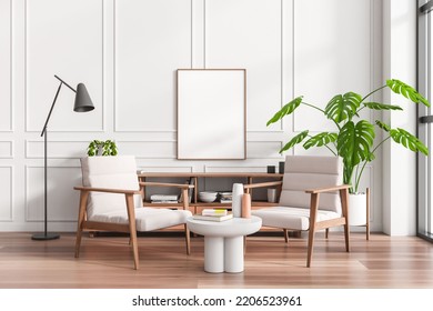 White Meeting Room Interior Two Armchairs And Sideboard With Decoration, Hardwood Floor. Panoramic Window And Mock Up Canvas Poster. 3D Rendering