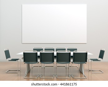 White Meeting Room In The Office With Table, Chairs, Clean Poster With White Blank Mockup For Branding Design, Advertising, Text Or Image. Lectures, Lessons, Master Classes, Training. 3d Illustration