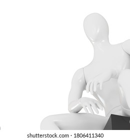 A white men mannequin sits on a black cube on a white background. 3d rendering