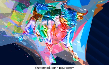 White metal bull in abstract colorful style illustration