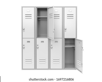 White metal locker with open doors. Two level compartment. 3d rendering illustration isolated on white background