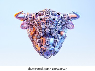 White Metal Tech Bull Isolated, Light Background. Traditional Chinese Lunar Horoscope Symbol Of 2021 New Year Consisting Machine Parts. Complex Mechanism White Ox Sign New Year Greeting Card 3D Design