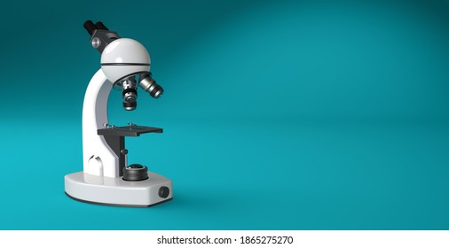 White microscope isolated on blue backdrop with space for text and images.3d illustration about science research.