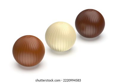 White, Milk And Dark Chocolate Balls On White Background, 3D Illustration