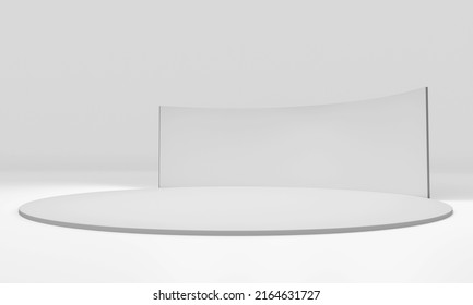 White Minimal Display Exhibition Stand. 3D Exhibition Booth For Mockup. Blank Empty Promotional Stand. Circle Shape Template. 3D Render