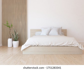 White minimalist bedroom interior with double bed on a wooden floor, decor on a large wall, white landscape in window. Home nordic interior. 3D illustration