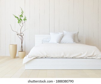 White minimalist bedroom interior with double bed on a wooden floor, decor on a large wall, white landscape in window. Home nordic interior. 3D illustration