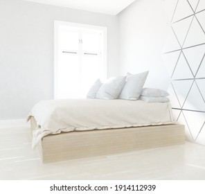 White minimalist bedroom interior with double bed on a wooden floor, decor on a lrge wall, white landscape in window. Home nordic inerior. 3D illustration