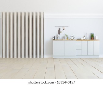 White Minimalist Kitchen Room Interior With Dinning Furniture On A Wooden Floor, Decor On A Large Wall, White Landscape In Window. Home Nordic Interior. 3D Illustration