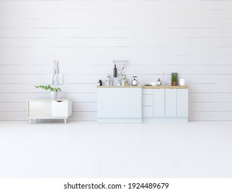 White minimalist kitchen room interior with dinning furniture on a wooden floor, decor on a large wall, white landscape in window. Home nordic interior. 3D illusttration