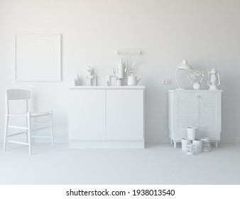 White minimalist kitchen room interior with dinning furniture on a wooden floor, decor on a large wall, white landscape in window. Home nordic interior. 3D illustration