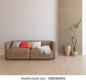 White Minimalist Living Room Interior With Sofa On A Wooden Floor, Decor On A Large Wall, White Landscape In Window. Home Nordic Interior. 3D Illustration